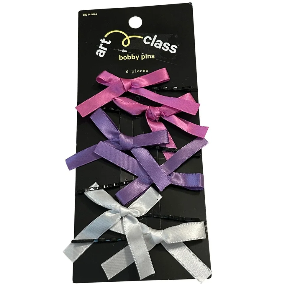 Art Class Bobby Pins 6 Pieces Purple Pink White Ribbon Bow Hair Accessories Kids